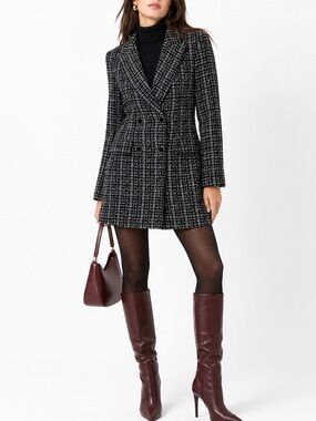 Zara Black White Tweed Double Breasted Longline Blazer XS